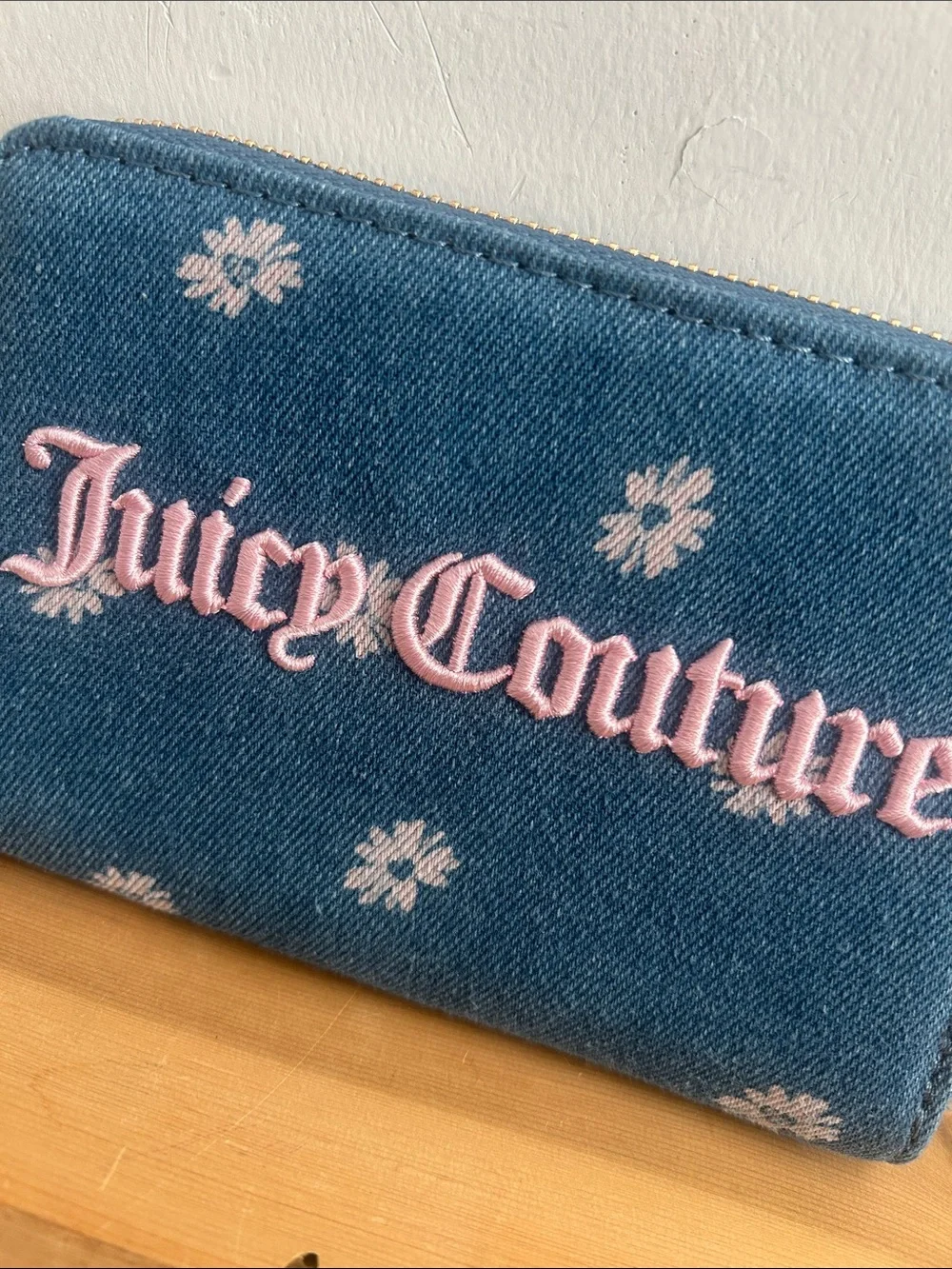 Juicy Couture denim daisy zip wallet with pink logo